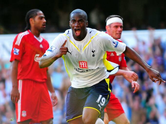 Sebastien Bassong celebrates scoring for Spurs against Liverpool