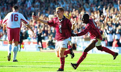 Paul Scholes scores a hat-trick for England against Poland, March 1999