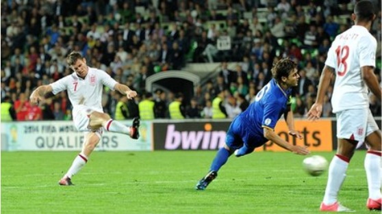 James Milner scores during Moldova 0-5 England, September 2012